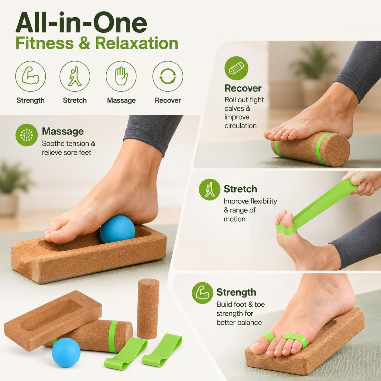 Cork Balance Board 4-in-1 Set with Roller, Massage Ball & Toe Resistance Bands for Foot Strength, Natural Cork,Ankle Stability, Core Muscles & Mobility Training,Compact Wobble Board for Home.