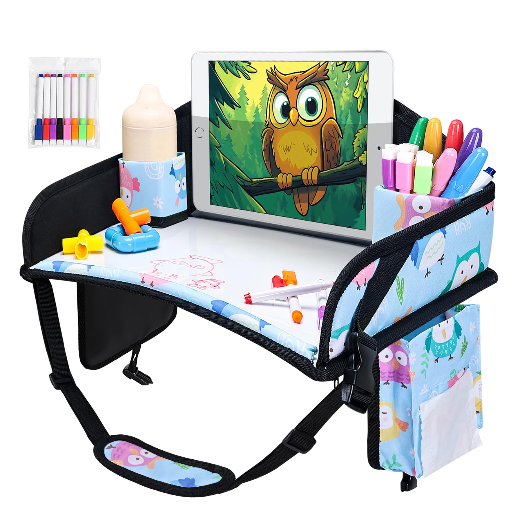 Car Seat Tray,Toddler Road Trip Essentials With Drawing Kit | Road Trip Essentials Accessories Lap Tray with iPad Holder Stand &amp; Dry Erase Board as Travel Gifts for Kid,Baby Blue