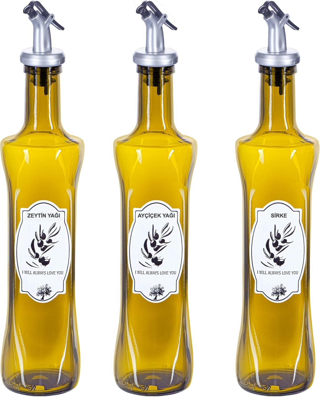 Promosyonca 3 Adet Cam Yağdanlık, Zeytin Yağı, Ayçiçek Yağı ve Sirke Etiketli, 3 Adet Tıpalı