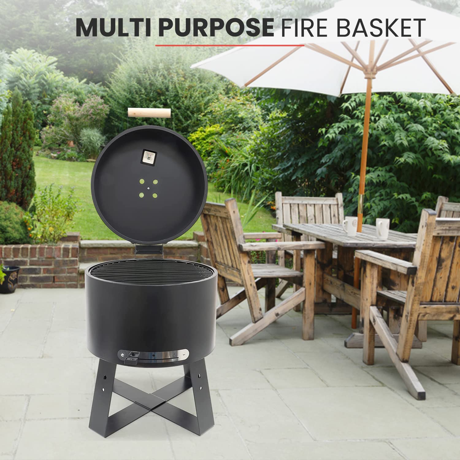 Grill na węgiel drzewny z pokrywką – czarna stal – grill Kamado – grill kempingowy na zewnątrz – 40 x 40 x 57 cm