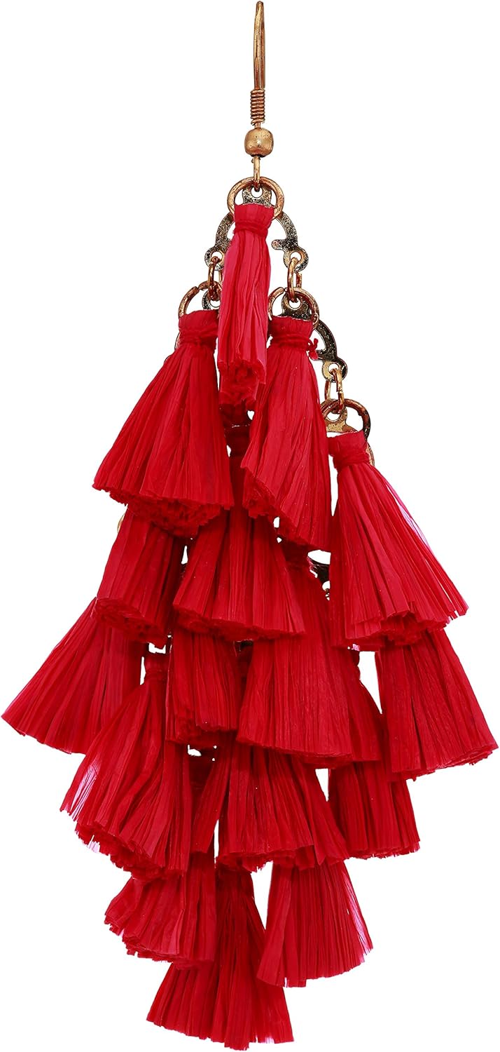 Mud Pie Women's Raffia Tassel Earrings Pink, One Size