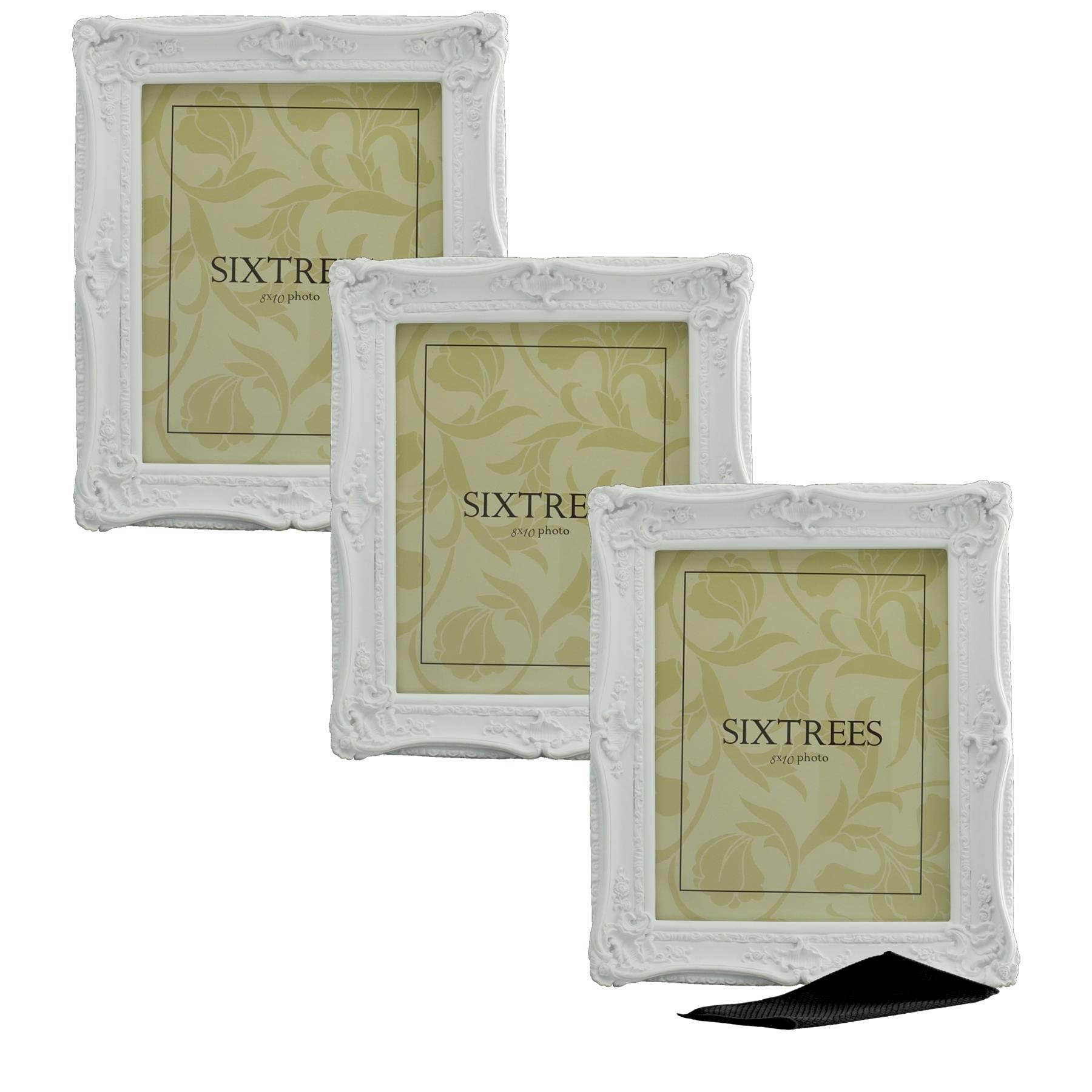 A Triplepack of Sixtrees Chelsea 5-254-80 Ornate Vintage Swept Shabby Chic White 10x8 inch Photo frames - with Microfibre glass cleaning cloth.