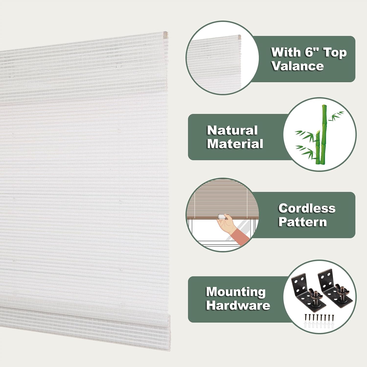 Cordless Blackout Bamboo Roman Shades, Natural Woven Wood Window Shades, Custom Easy Installation Bamboo Blinds for Indoor Windows, Doors, White