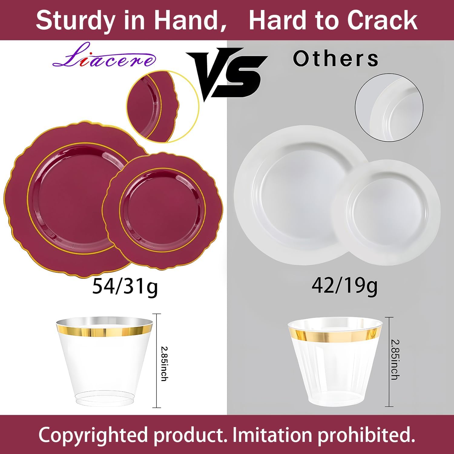 Liacere 350PCS Red Plastic Plates-Disposable Burgundy Red and Gold Plates 50guest Baroque Plastic Dinnerware include 100Plates, 50Pack Pre Rolled Napkins with Silverware 50Cups for Christmas - Image 3