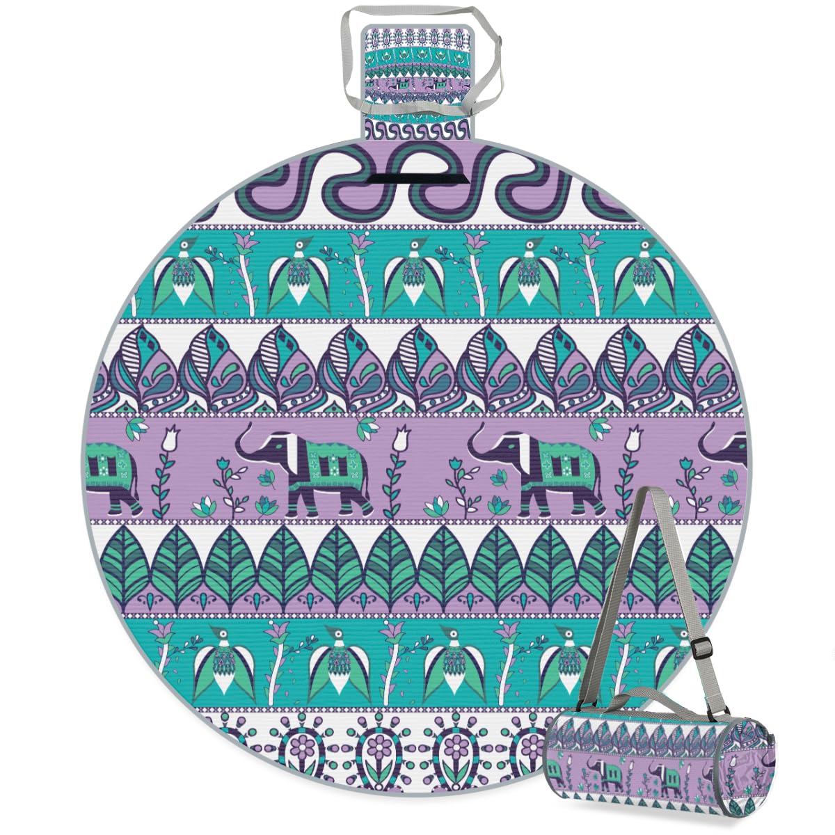 Shimoshe Mandala Elephant Picnic Outdoor Blanket Foldable Waterproof Sandproof Beach Blanket Portable Water-Resistant Round Picnic Mat for Travel Camping Park Lawn