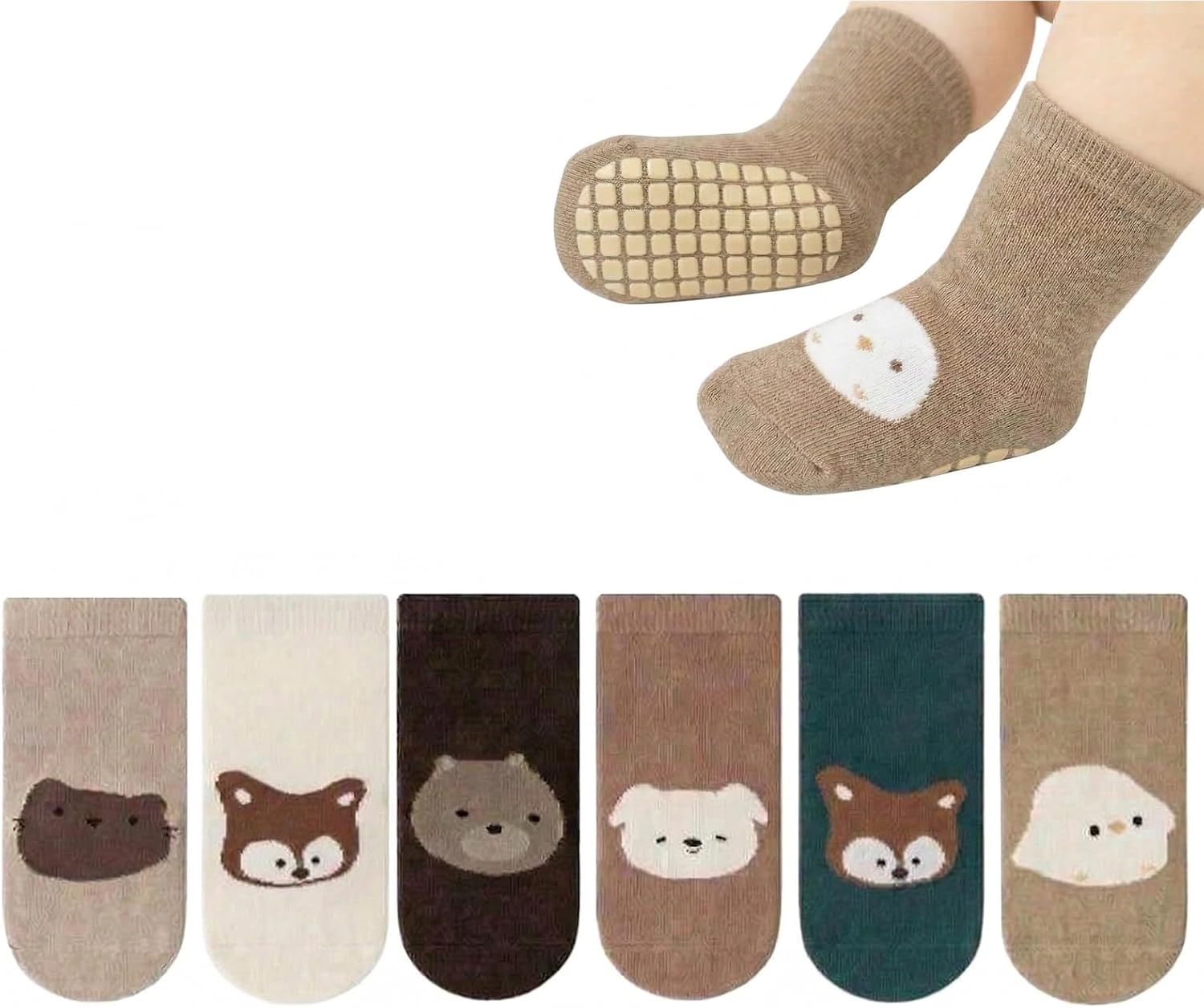 PandaEar 6 Pairs Baby Toddler Non Slip Socks, Cotton Crew Gripper Socks Anti Skid for Boys Girls Infants, First Walking Socks