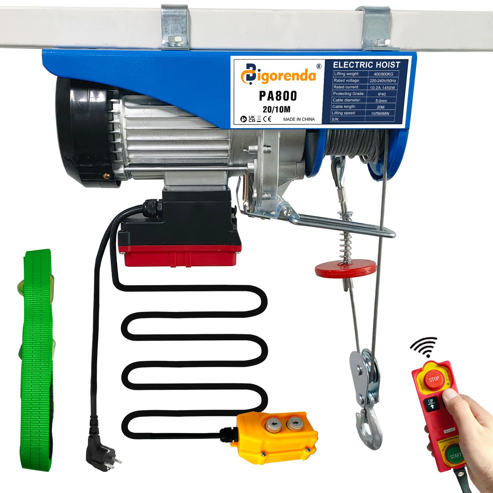 230V Elektrische Seilwinde 800kg, 2-in-1 mit kabelloser und kabelgebundener Fernbedienung, Einzel/Doppelschlingen, Hubhöhe 20m