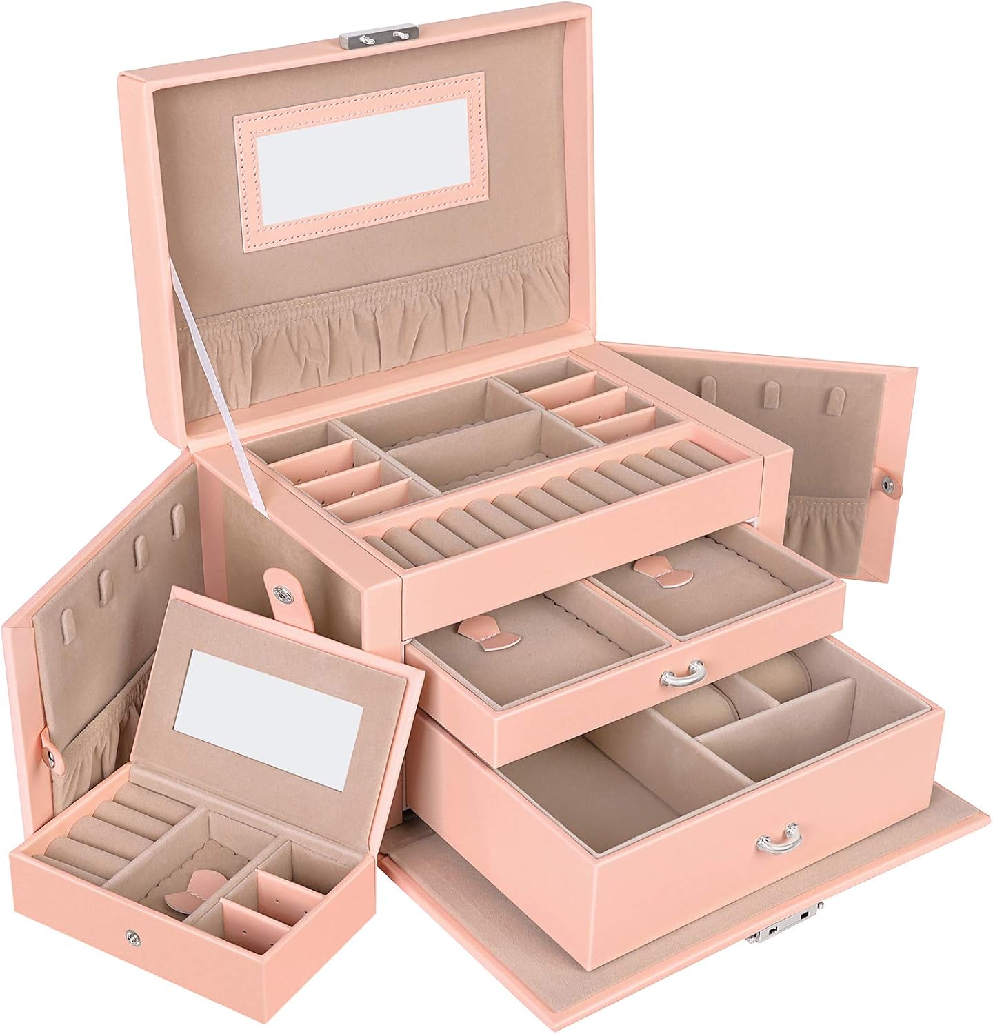 SONGMICS Jewelry Box 3 Layers, Jewelry Organizer with 2 Drawers, Jewelry Case with Portable Travel Case, with Handle, Lockable, Jewelry Storage, Gift for Loved ones, Orange UJBC121OG
