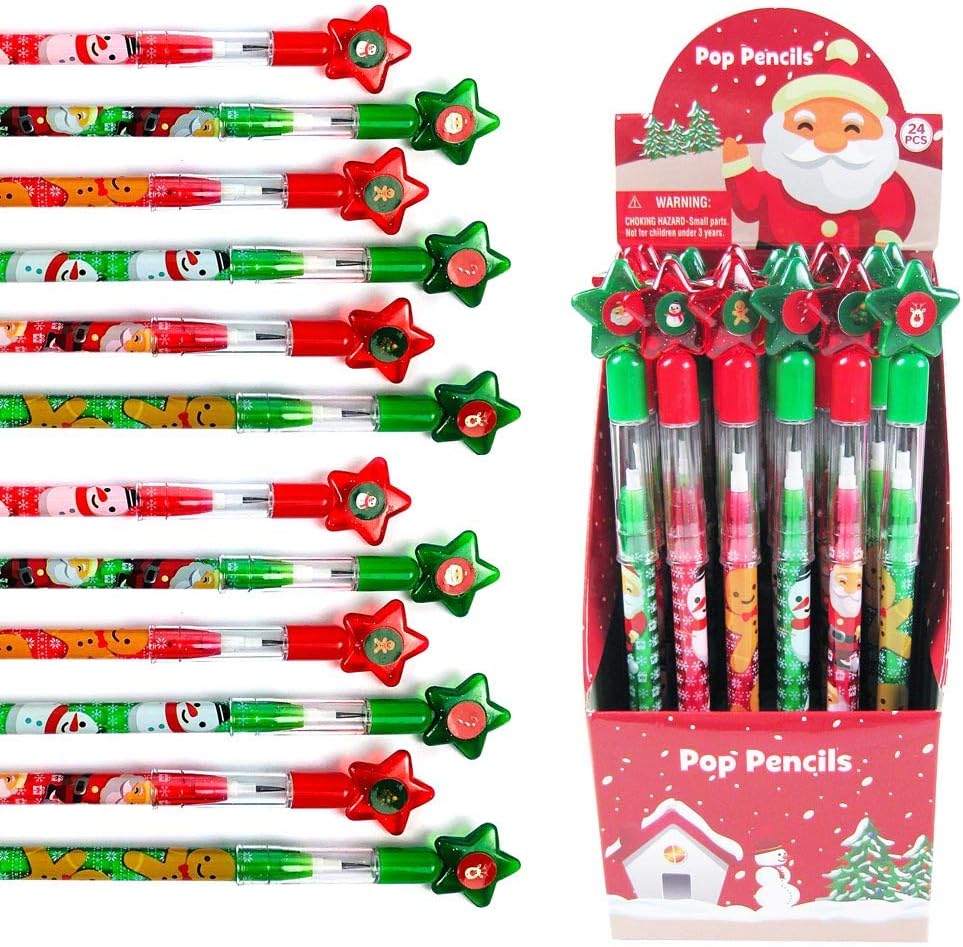 Tiny Mills 24 Pcs Christmas Multi Point Stackable Push Pencil Assortment with...