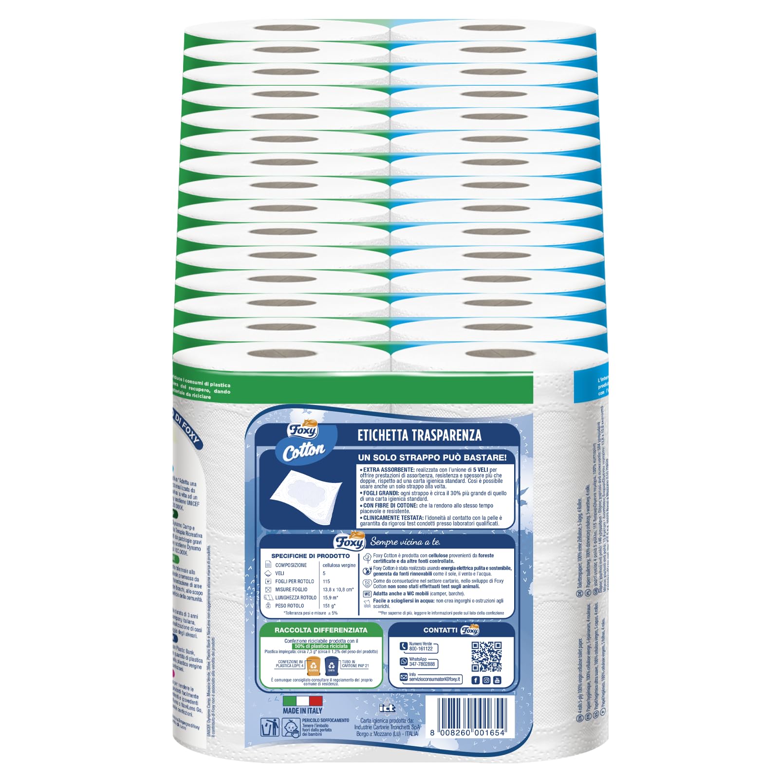 Foxy Cotton | Carta Igienica 5 Veli | 60 Rotoli, 115 Strappi per Rotolo, Fogli Extra Large, con Vere Fibre di Cotone | Certificazione FSC, 100% Energia Elettrica Rinnovabile, Confezione Riciclabile