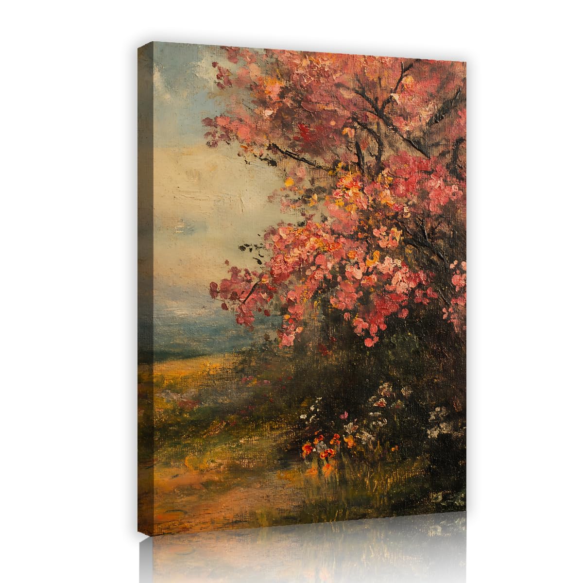 CHERHERART Impressionist Pink Blossom Tree Canvas Wall Art Spring Garden Landscape Poster Prints Sky Country Path Vintage Canvas Picture Decor 55x85cm Innerframe