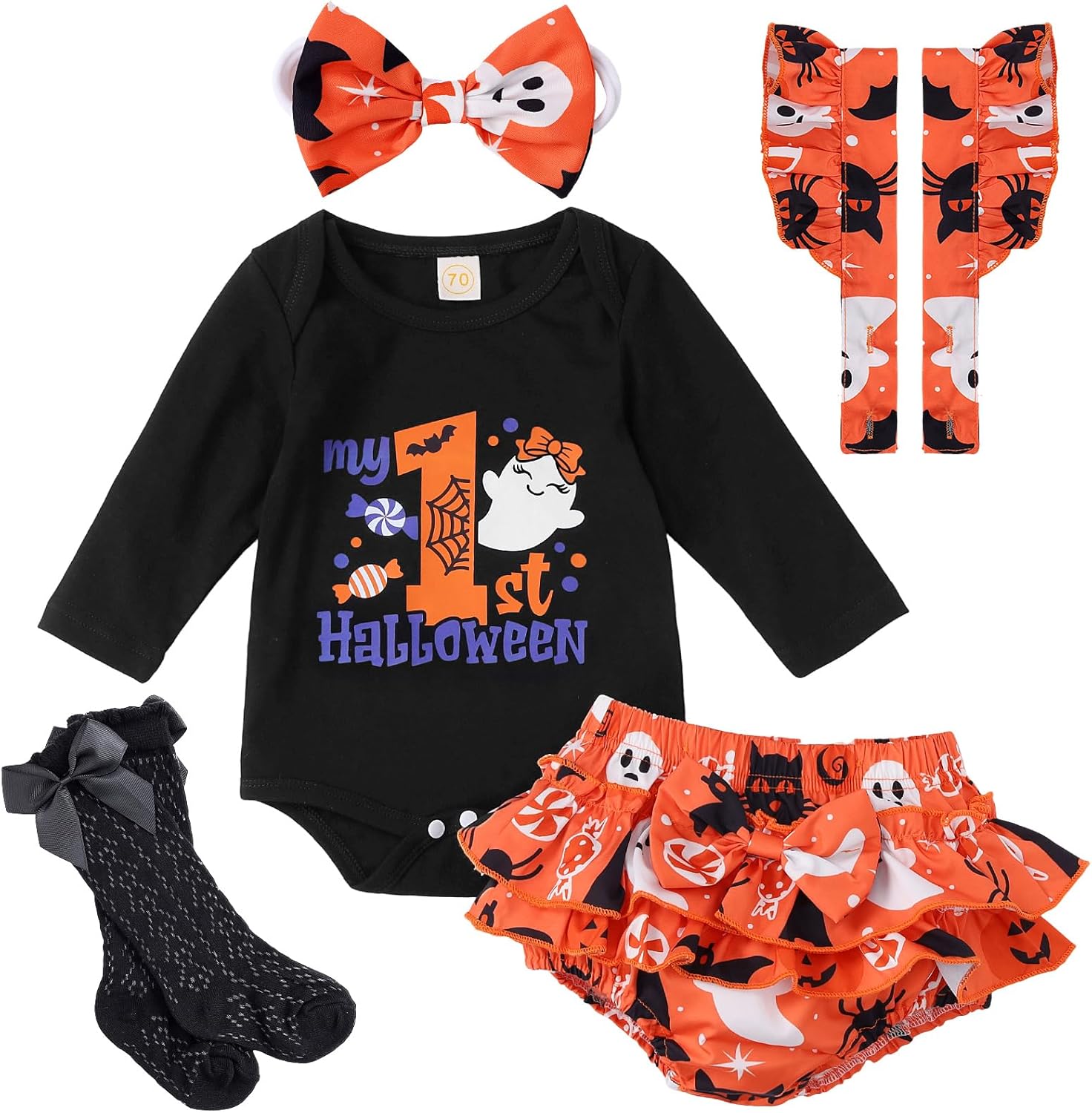 My First Halloween Outfit Baby Girl Letter Print Long Sleeve Romper Top Spooky Candy Shorts Set