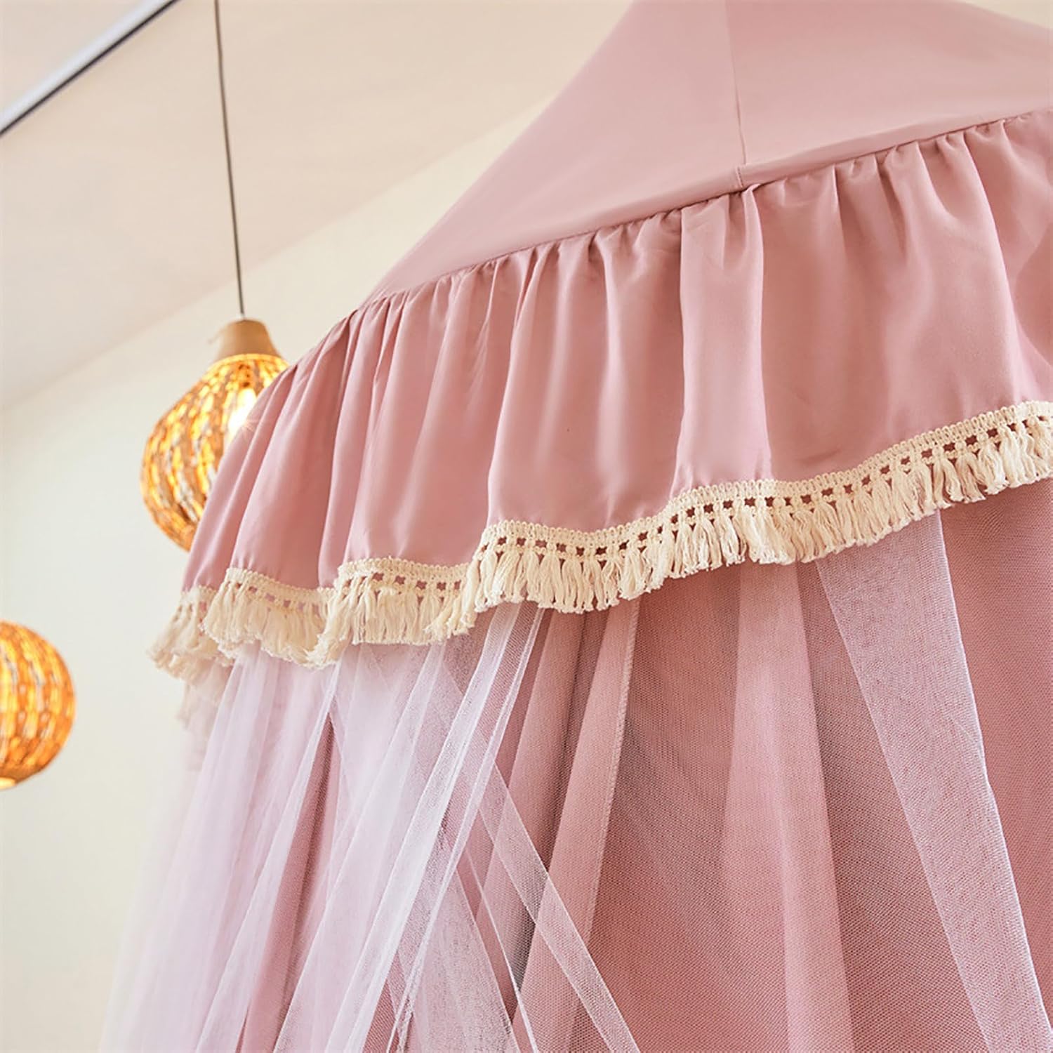 BK&MF Princess Dome Bed Canopy for Girls' Rooms, Double-Layer Sheer Mosquito Net, Blackout Bed Curtain for Beds 39–87 Inches Wide, Ceiling Mount for Bedroom Decoration,Pink 1