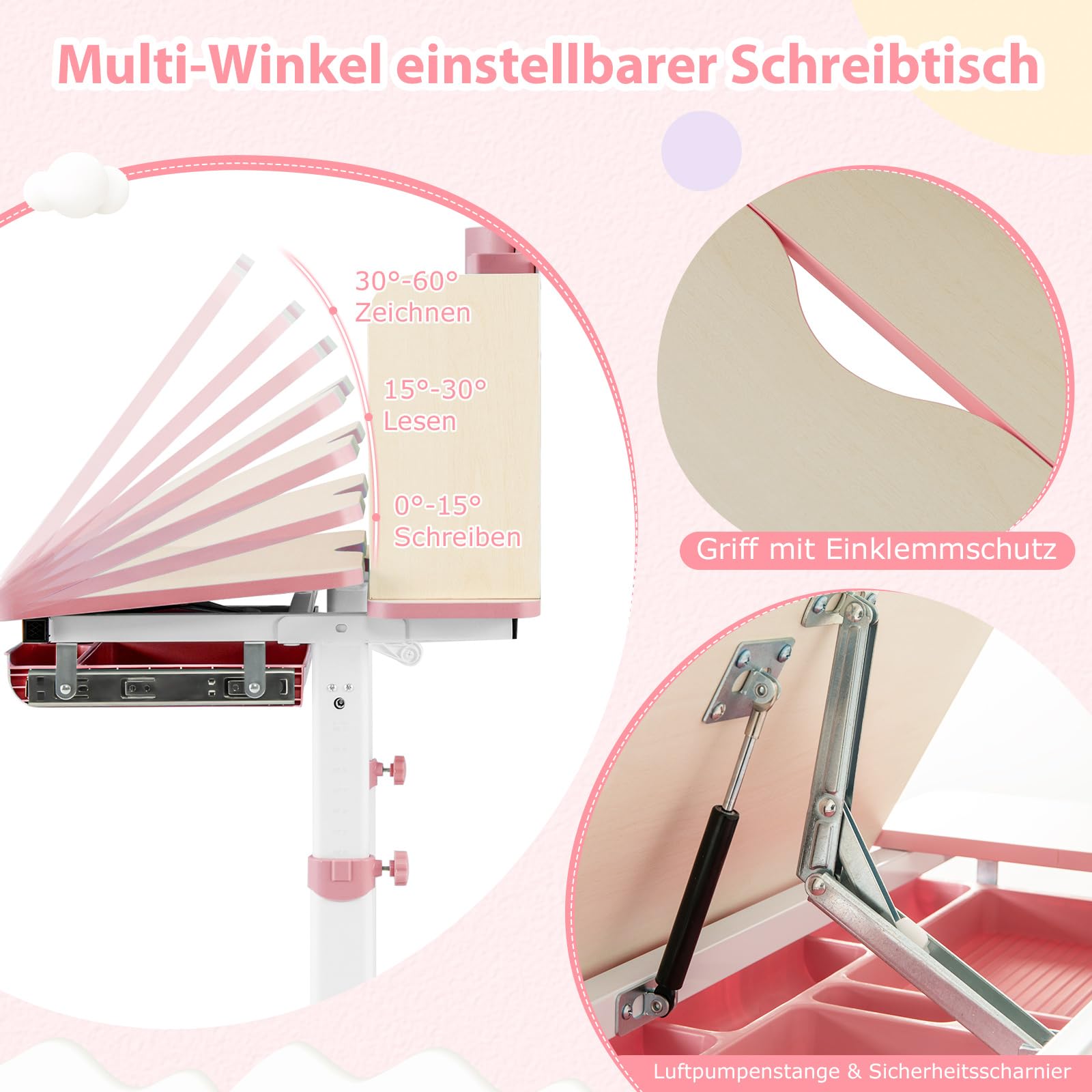 COSTWAY Kinderschreibtisch höhenverstellbar mit neigbarer Tischplatte, Regalen & Schublade, für 3-12 Jahre (Rosa)