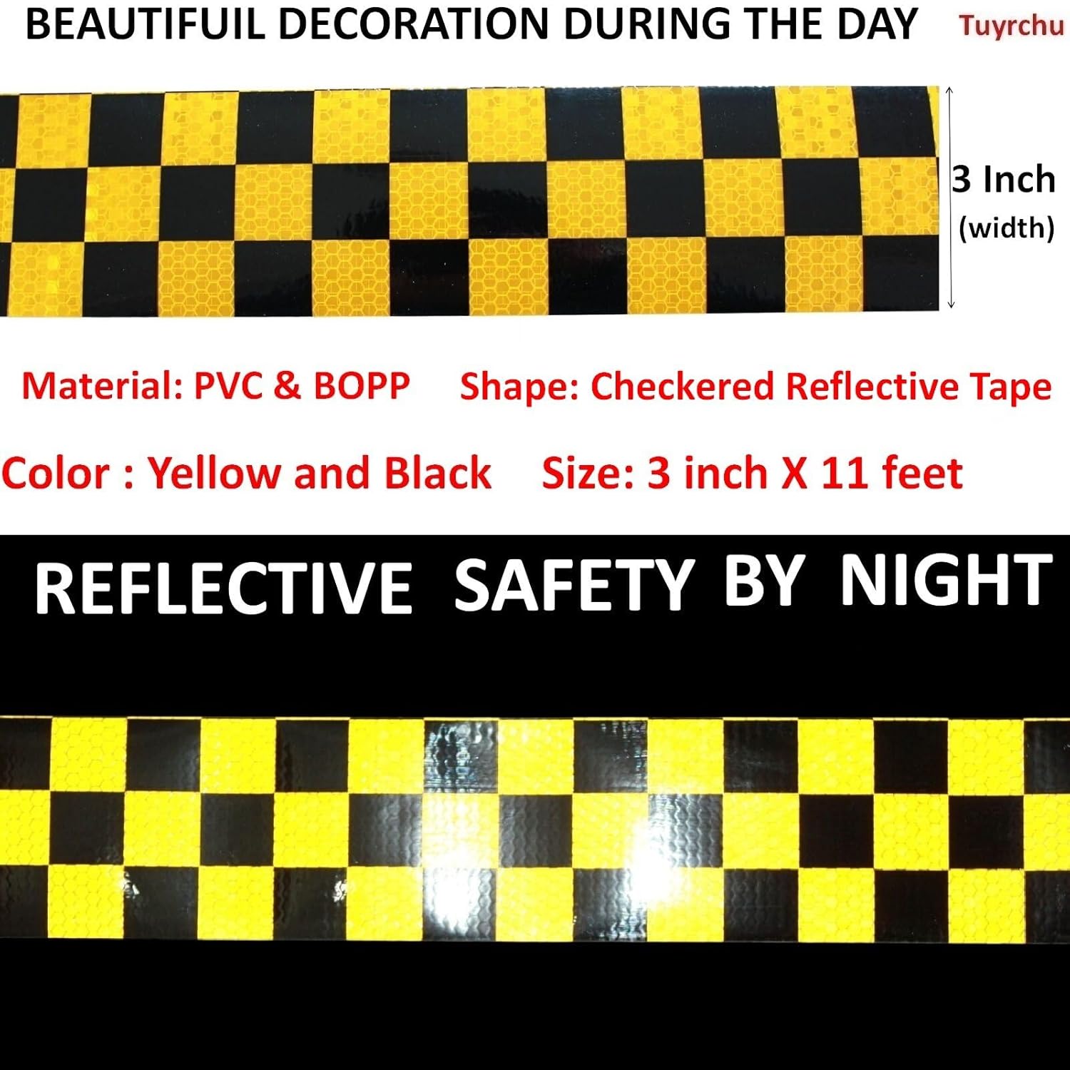 Yellow and Black Reflective Tape 3 inch, Outdoor Waterproof Hazard Conspicuity Warning Industrial Marking Tape (11 feet)