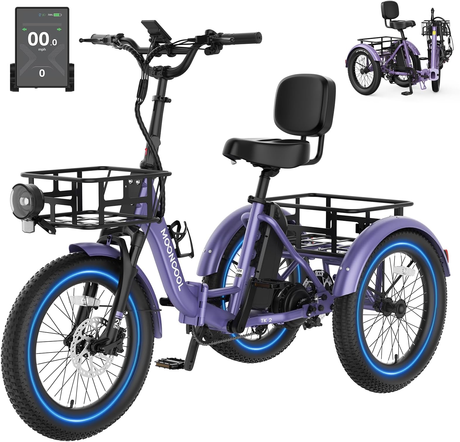MOONCOOL Electric Trike for Adults, 500W/750W 48V Electric Tricycle for Adults Peak Power 1500W, 20"x3.0" Fat Tire 3 Wheel Electric Bike, Folding Aluminum Adult Tricycle with Removable Battery