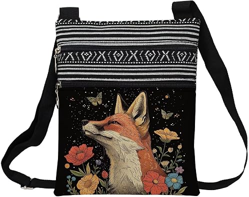 Floral Fox Messenger Bag Small Ethnic Pattern Printed Adjustable Strap Crossbody Zipper Bag Floral Fox Phone Bag Wallet Cute Shoulder Handbag for Women Friends -3