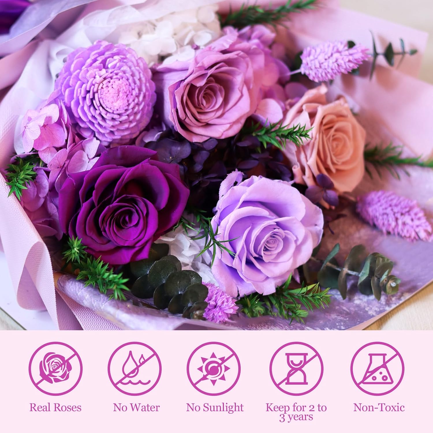 Oerdoh Flowers for Delivery Prime, Preserved Flowers, 5 Forever Purple Roses, Long-Lasting Flower Bouquet with Gift Box, Happy Birthday Flowers Gifts for Women Mom Grandma Wife Friends
