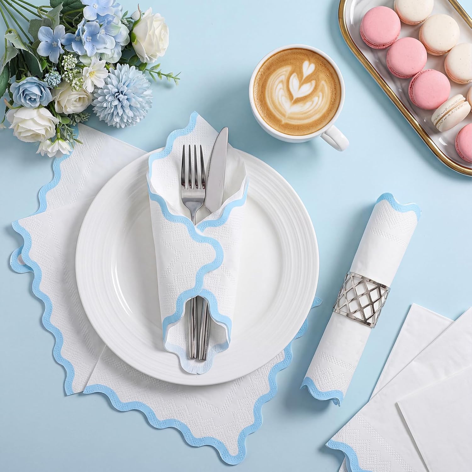 NatNarr 80 Pcs Light Blue and White Napkins, 3 Ply Scalloped Cocktail Napkins Disposable Dessert Beverage Napkin Cute Dinner Napkin for Baby Bridal Shower, Wedding, Birthday, 5 x 5 Inch