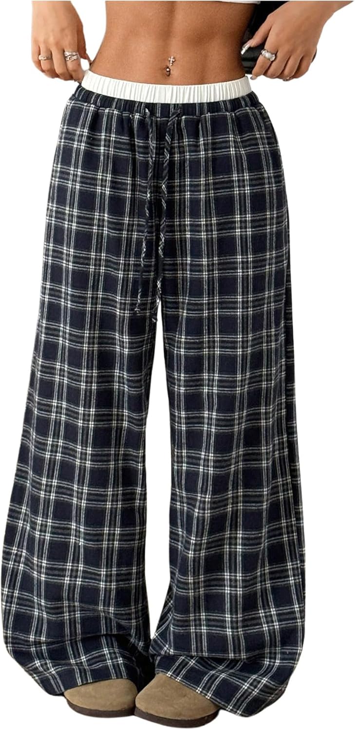 RoseSeek Girl's Plaid Wide Leg Track Pants Elastic Waist Baggy Long Trousers with Pockets