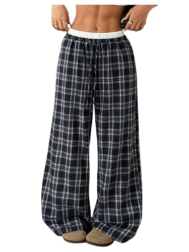 RoseSeek Girl's Plaid Wide Leg Track Pants Elastic Waist Baggy Long Trousers with Pockets
