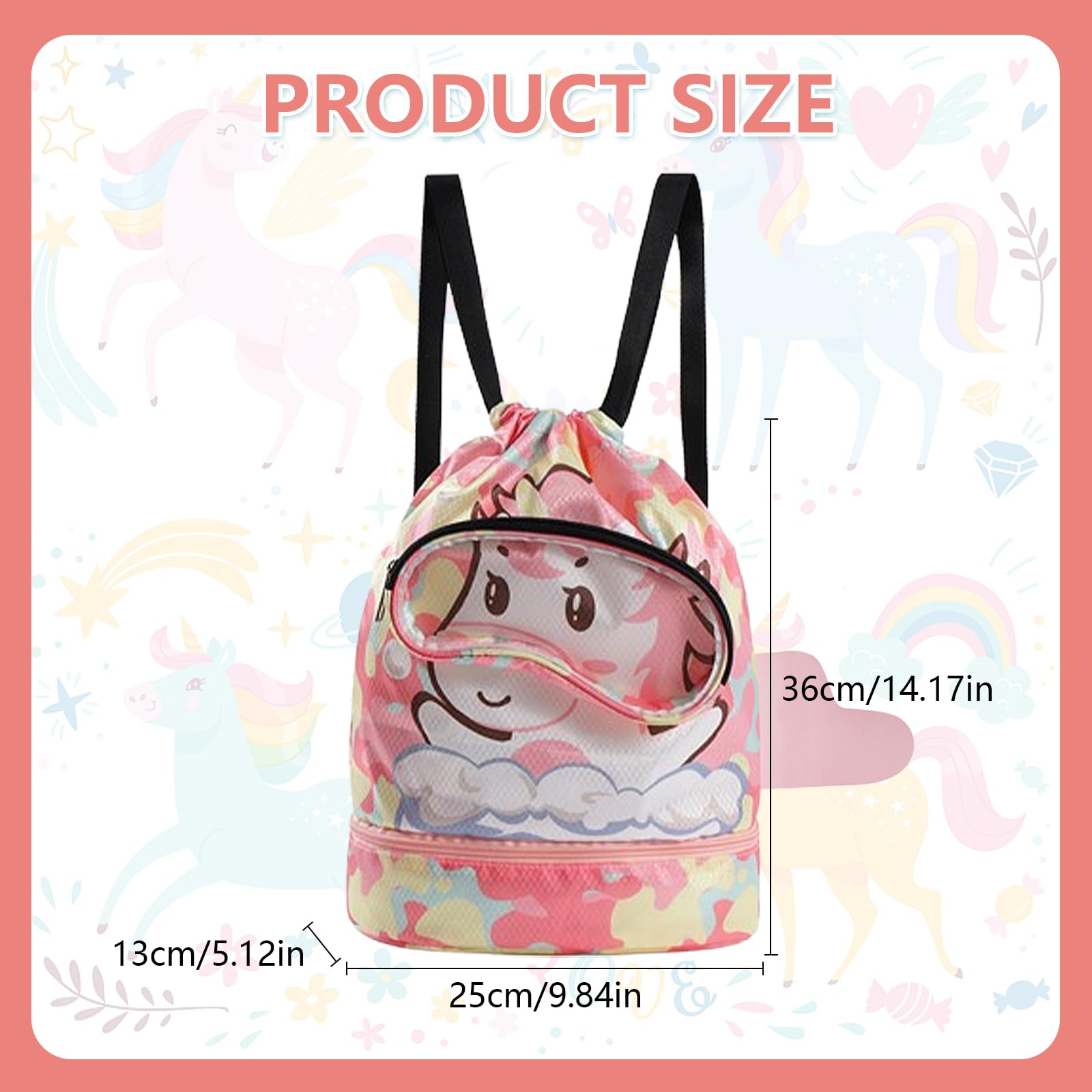 Zaino da Nuoto Bambini, Borsa Coulisse Bambini, Borsa Impermeabile Piscina Bambino con Portascarpe, Grande Capacità Sacca Sportiva Palestr con Cerniera per Nuoto, Palestra, Spiaggia, Unicorno