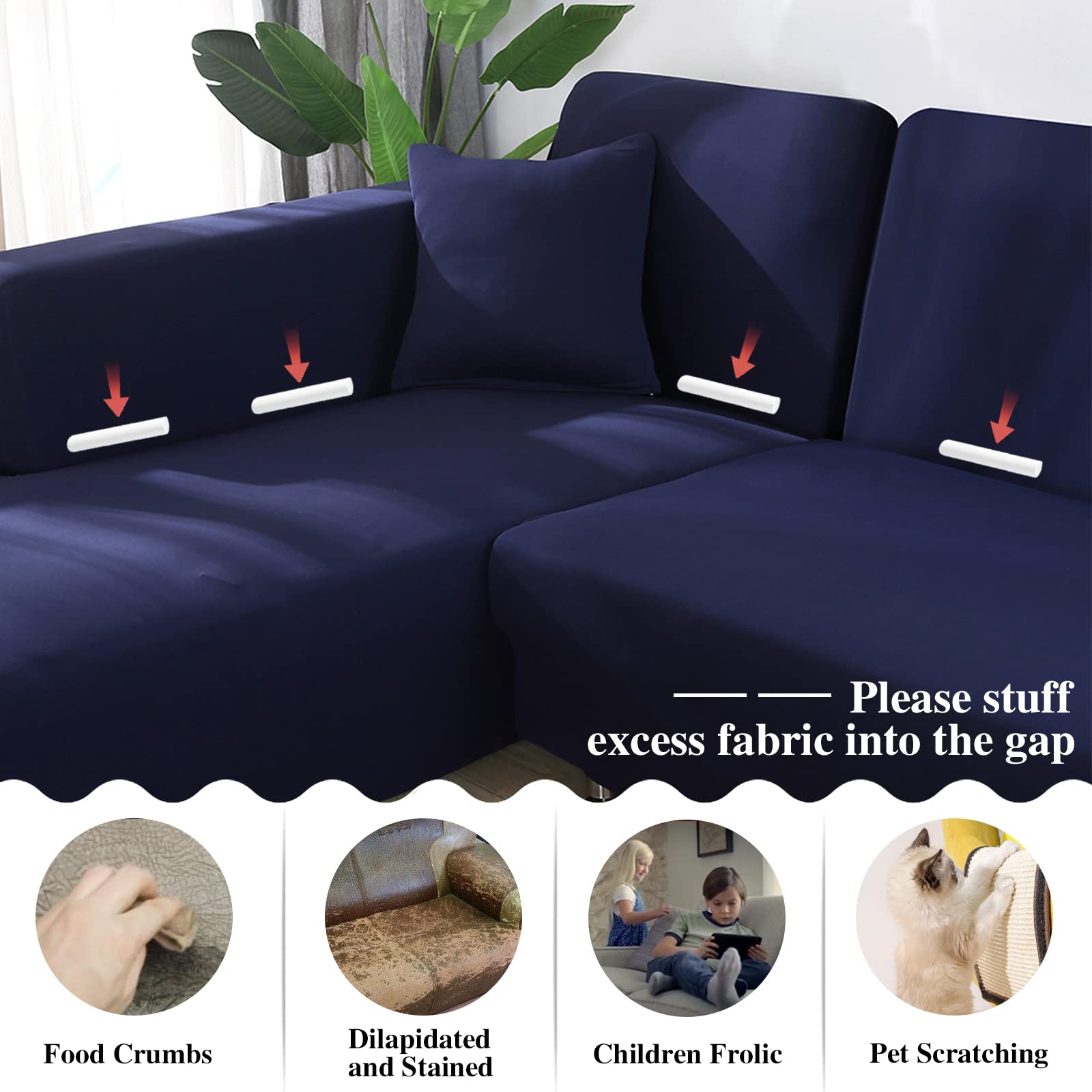 Jaotto Copridivano con Penisola Elasticizzato A Sinistra Destra, Copridivano Angolare Universale, Fodere per Divano Antigraffio Gatto Chaise Longue a Forma di L(2 Posti+3 Posti,Blu Navy)