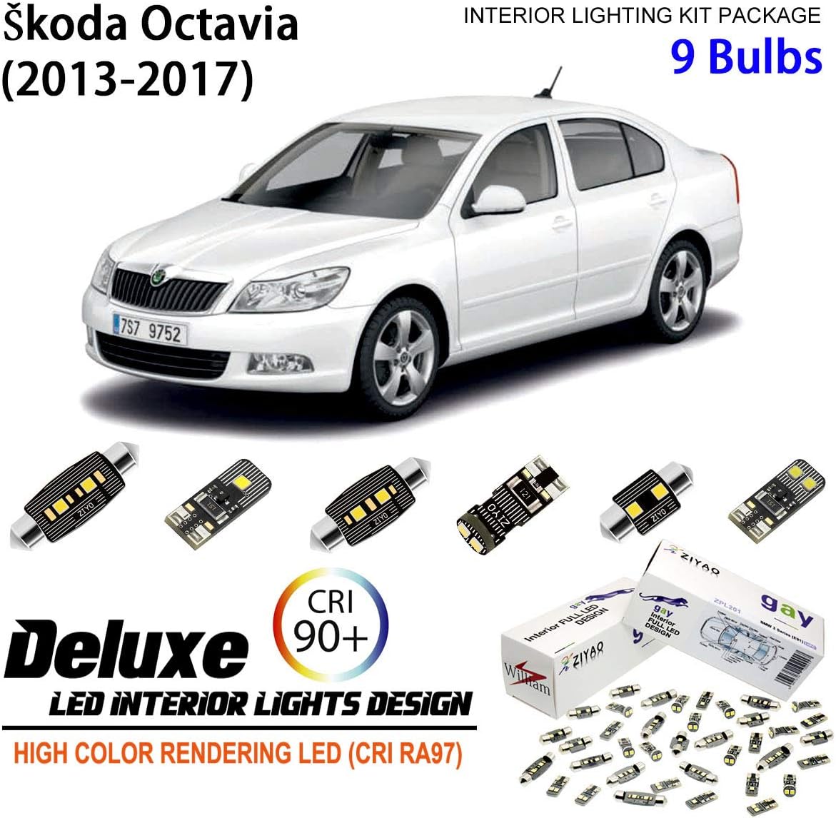 ZIYO ZPL1537 - (9 Bulbs) LED Interior Light kit + License Plate Light Bulbs Package Replacement for Skoda Octavia 2013-2017, 6000K White Dome Light Bulbs Upgrade Error Free