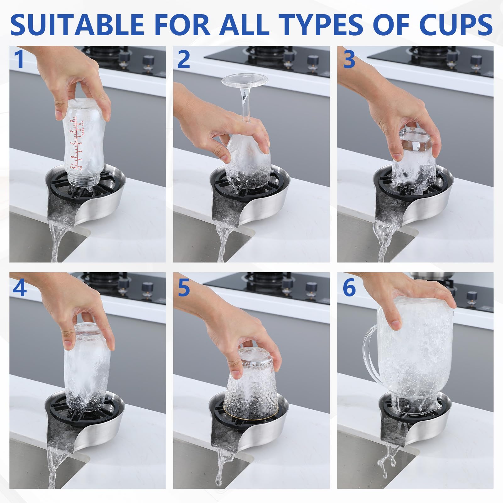 Enjuagador de vidrio 2 en 1 para fregadero de cocina, barra de acero inoxidable con protector de manchas, pulverizador extraíble para lavadora de tazas, limpiador de botellas (brillante)