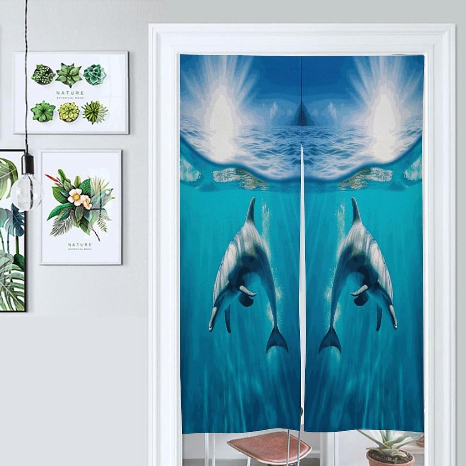 Swimming Dolphin in Blue Sea Door Curtain Printed Doorway Noren Japanese Style Doorway Room Divider Curtains for Privacy Partition Divider Kitchen Home Decorations Wall Hanging
