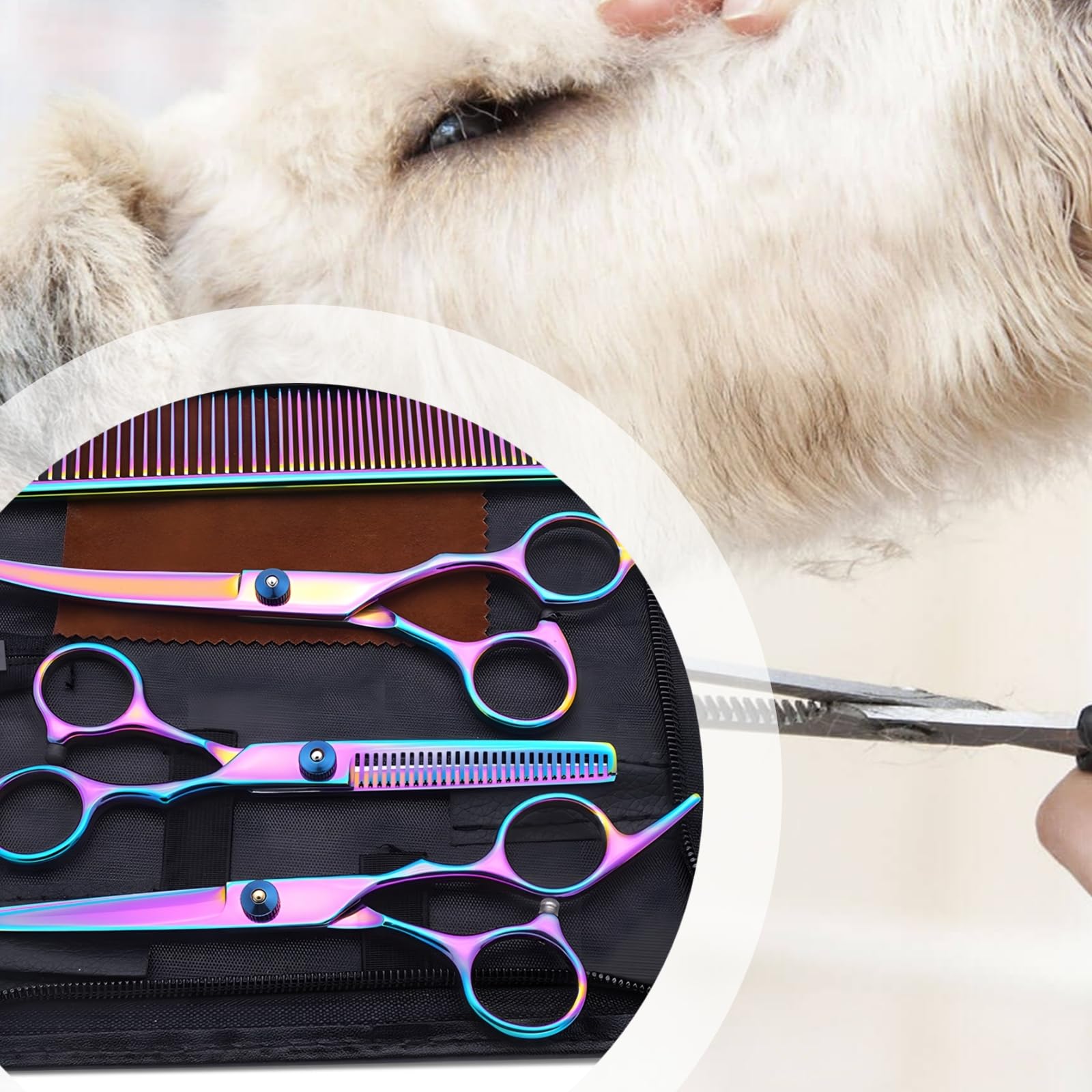 6-Zoll-Edelstahl-Fellpflegescheren-Set für Haustiere, mit gerader und gebogener Schere, Regenbogen-Finish, Hundeschneidewerkzeuge, ideal für den Einsatz zu Hause und im Salon für Hundepflege