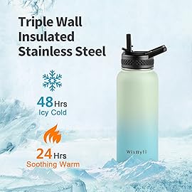 WixByti 32 oz Insulated Water Bottle with Straw (Cold for 48 Hrs), Stainless Steel Triple Wall Vacuum Sports Water Jug, Leakproof Hydro Cup Flask with Paracord Handle & Straw Spout Lids & DIY Stickers