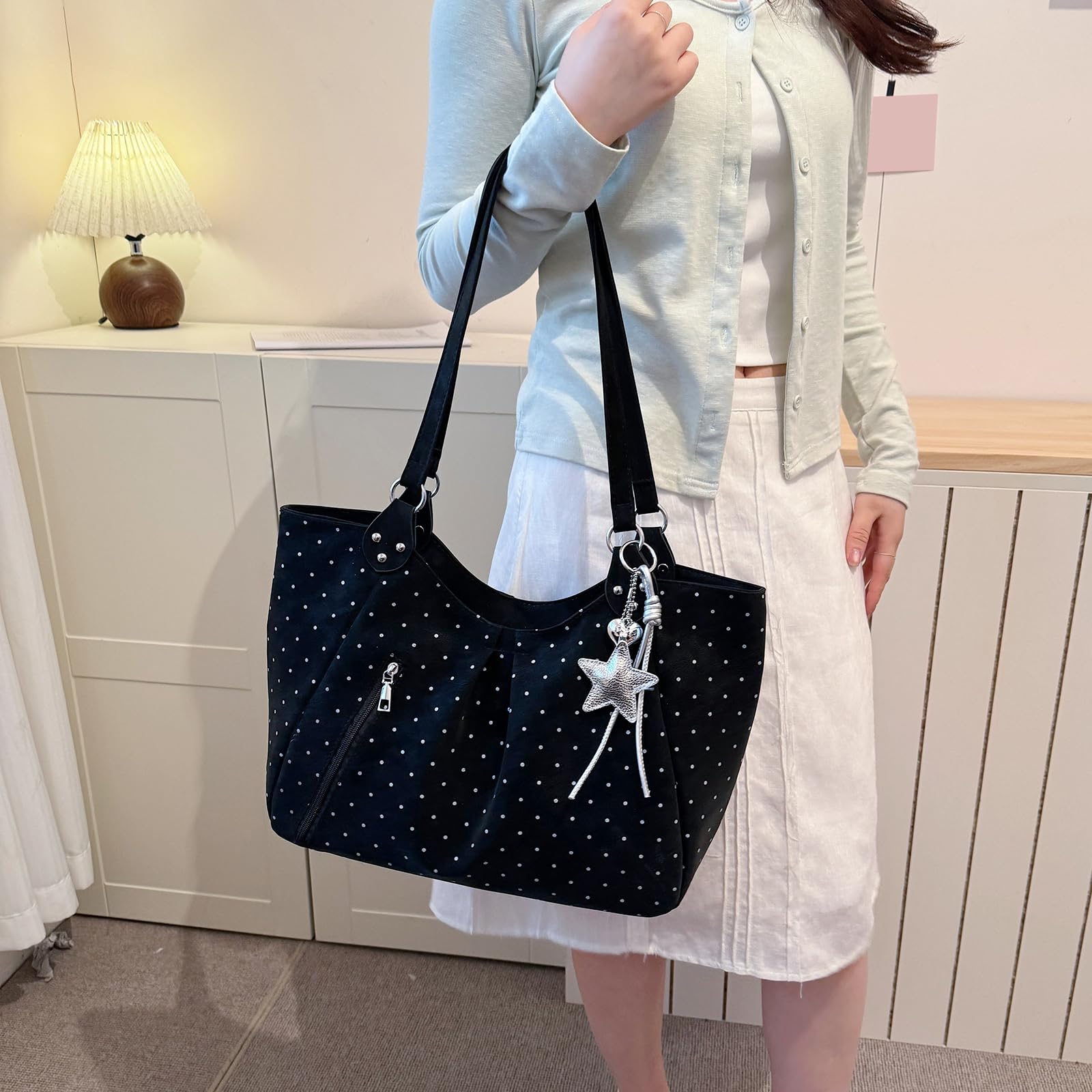 Bolso de mano de piel sintética con lunares con colgante estrella, bolso bandolera espacioso estilo para diario y trabajo