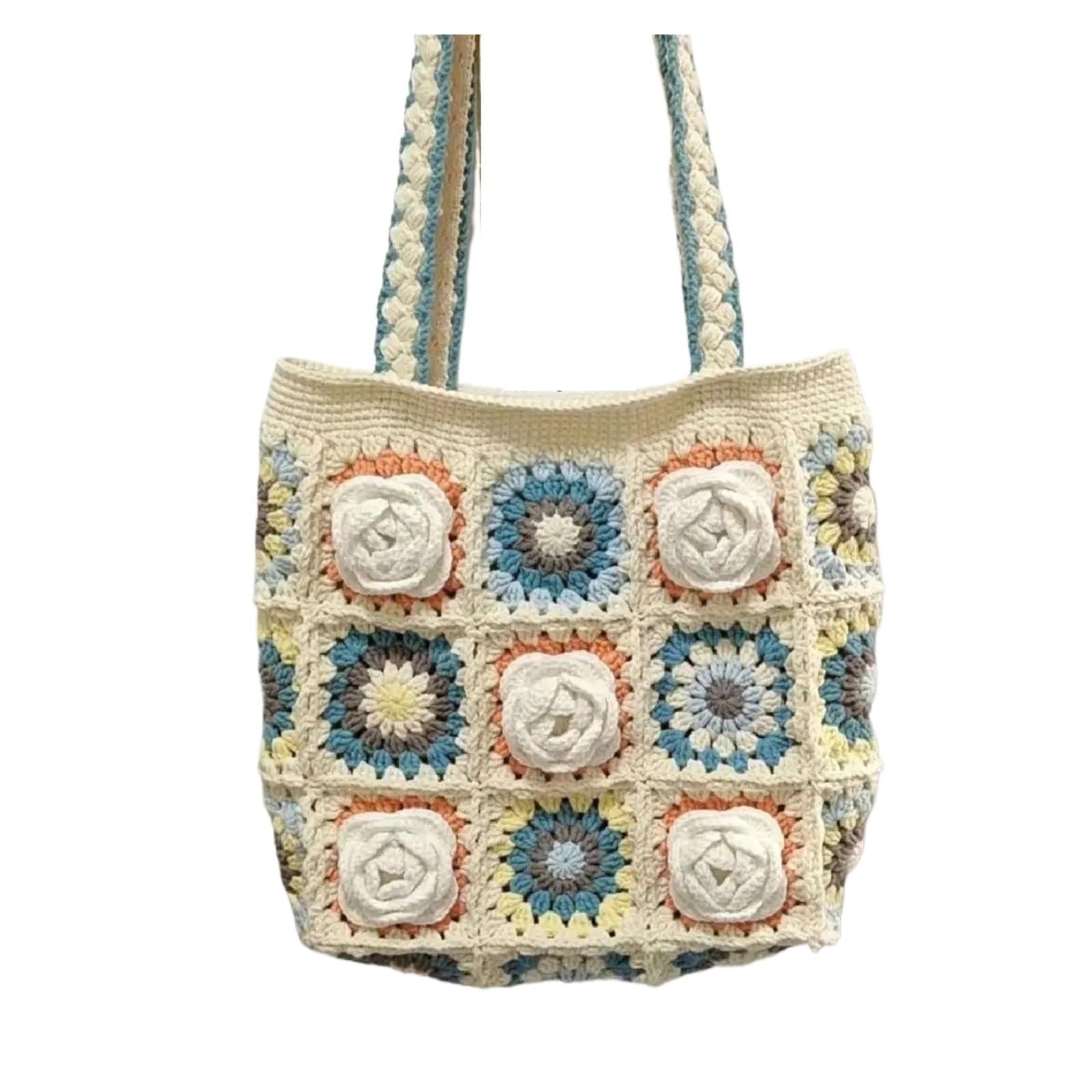 Bolso De Ganchillo Suministros de tejido a crochet Camellia Bolso de hombro a cuadros de abuela Tejido a mano con hilo Amiga Novia