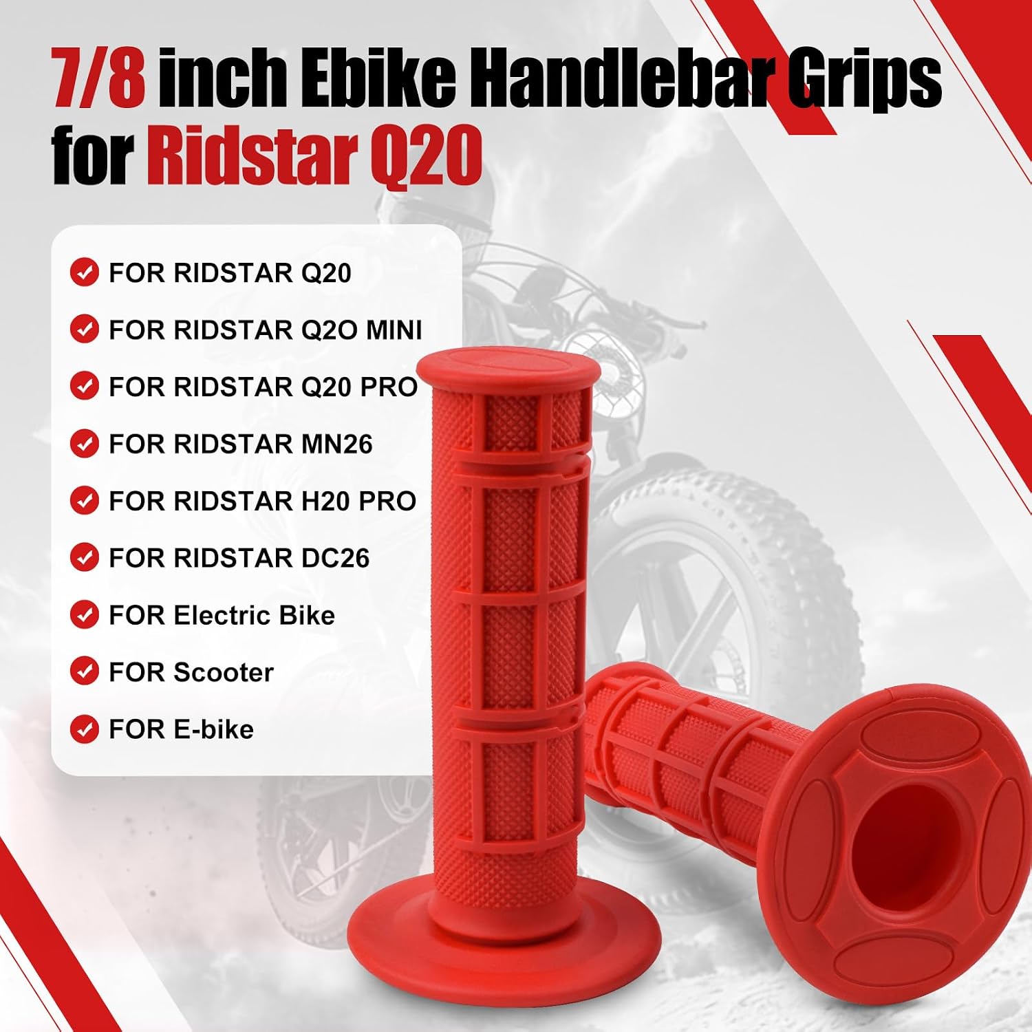 1 Pair Ebike Handlebar Grips for Ridstar Q20,7/8 inch 22mm Non-Slip Soft Rubber Grips,Compatible with Ridstar Q20 PRO/H20 PRO/H26 PRO,Electric Bike,Scooter (red)