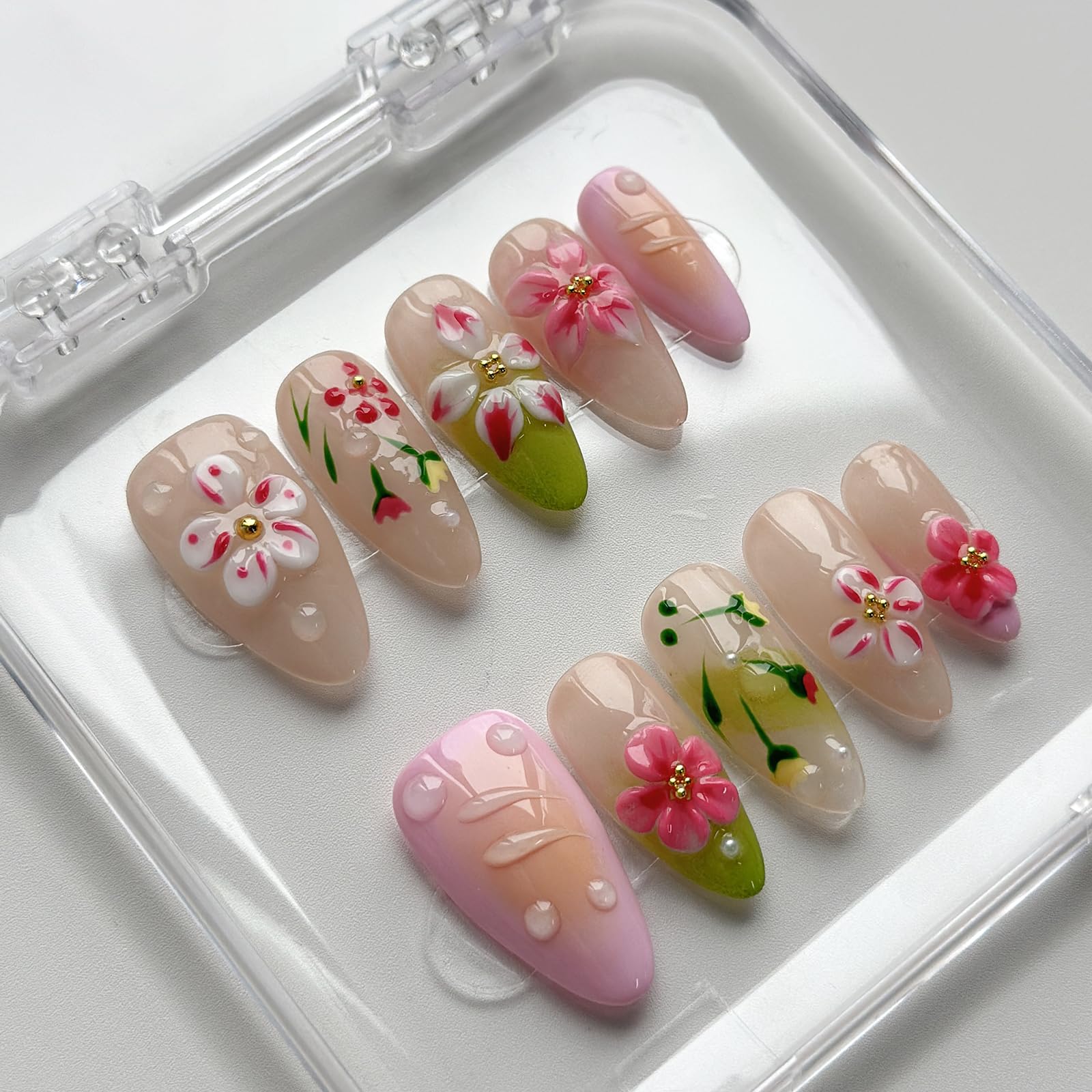 Luxury Press on Nails Medium Almond Handmade 3D Unique Reusable ABS Material Fake Nails French Tip False Nails with Designs Pink Flower Water Ripple