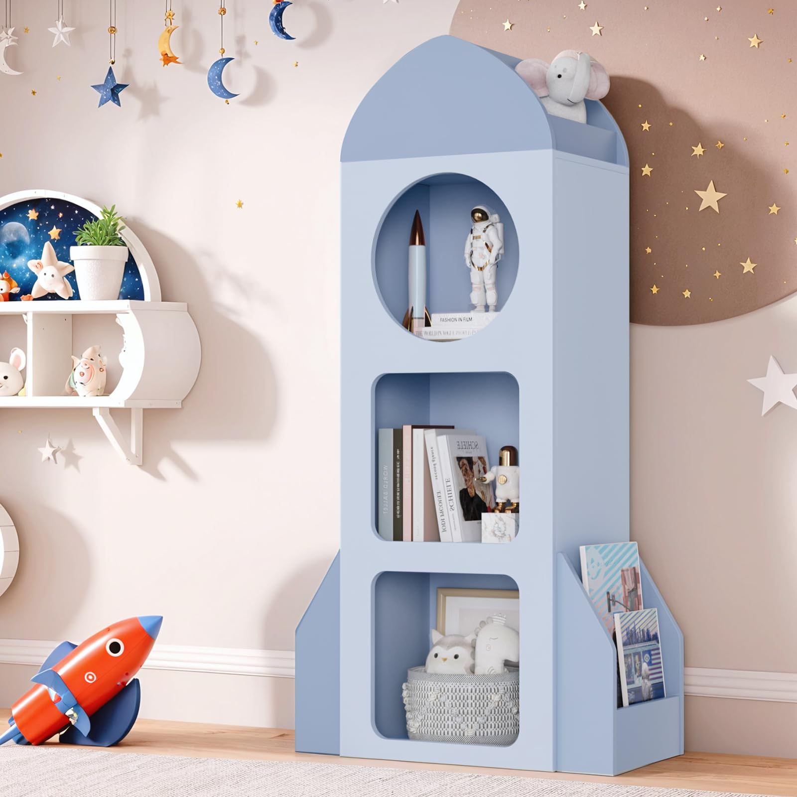 Clevich Bibliothèque pour Enfant, 120 × 60 × 31 cm, étagère pour Chambre d'enfant, étagère à Jouets, avec 3 Niveaux, 2 latérales, Motif fusée pour garçons et Filles