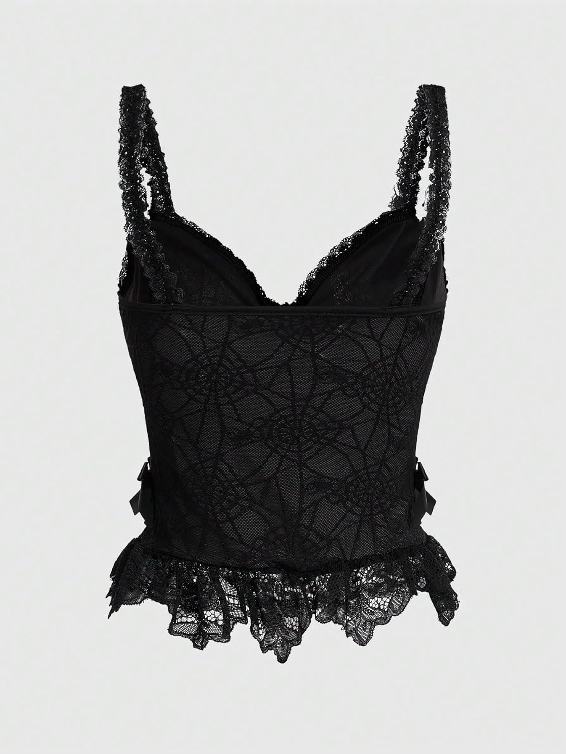 SHENHE Women's Lace Bow Front Spaghetti Strap V Neck Camisole Y2K Goth Crop Top Tank - Image 2