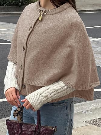 Saodimallsu Womens Cropped Cape Cardigan Button Up Crew Neck Jacket Shawl Fall Trendy Knit Sweater