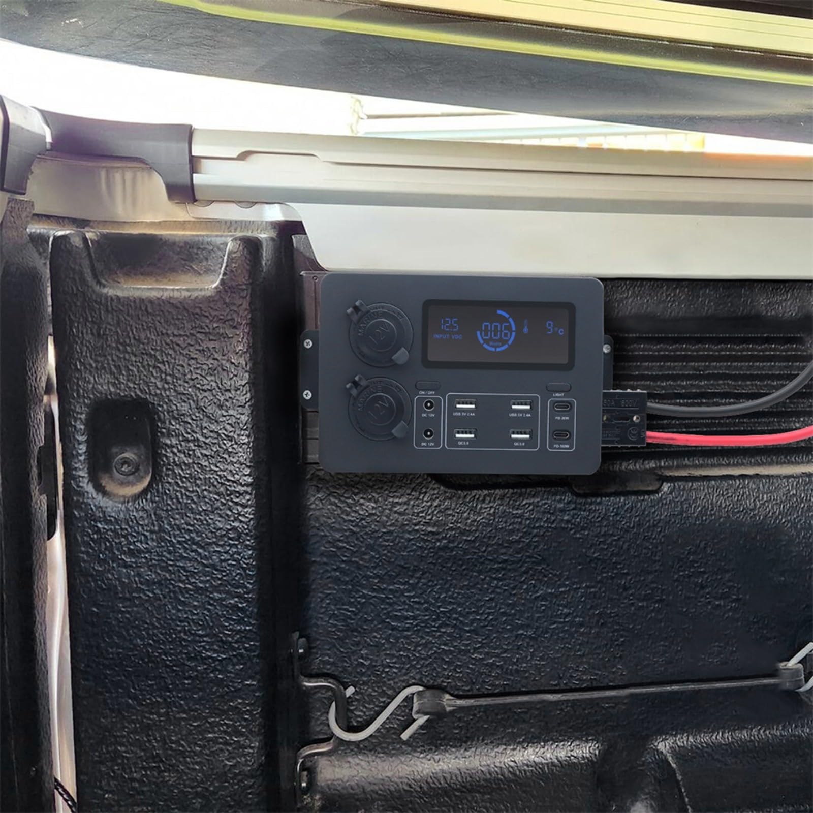Caja de alimentación de coche de 100 W y 12 V con pantalla LCD, enchufes duales de 12 V, 6 puertos USB, carga rápida para concentrador, RV, barco, SUV (sin línea)