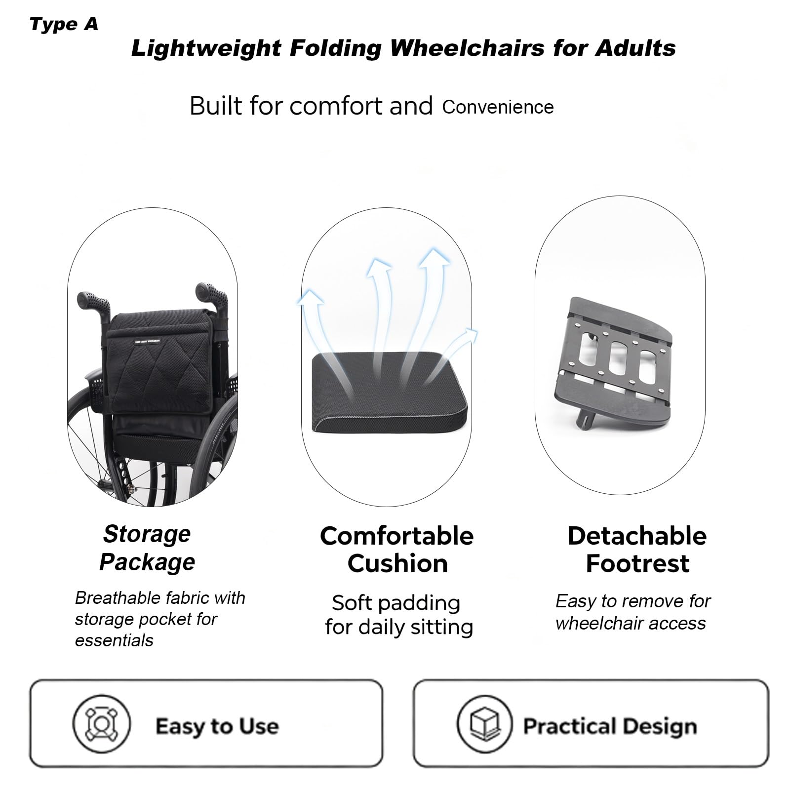 Silla de Ruedas plegable Ligera de aluminio, Autopropulsable | Adultos, Ultraligera, Frenos de acompañante, Plegado Compacto, Reposapiés extraíbles(A,42cm/16.5in Seat)