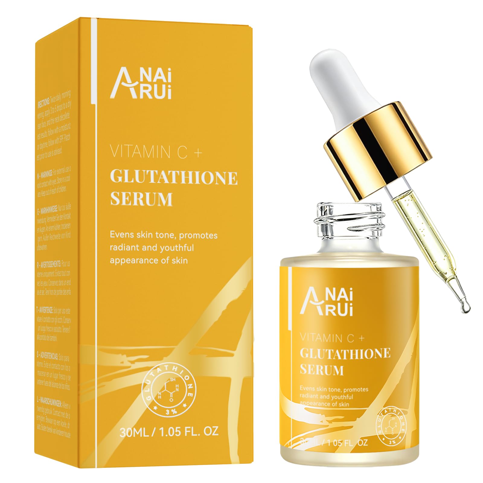 ANAiRUi Glutathione Serum with Vitamin C and Niacinamide, Glutathione Skin Brightening Face Serum for Skin, Hydration, Dark Spots, Even Skin Tone, 30 ml Beauty