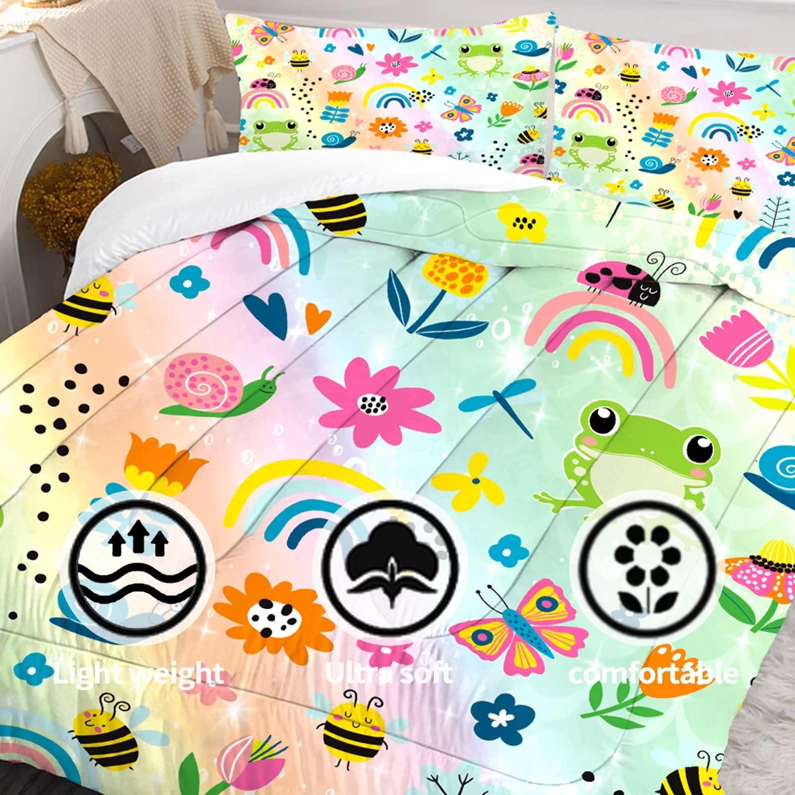 FUYEUN Rainbow Comforter Sets Twin Size Cartoon Floral Frogs Bedding Set for Girls Kids Children Boys Butterfly Flowers Bees Insects Cute Kawaii Quilt 1 Comforter + 1 Pillow Case