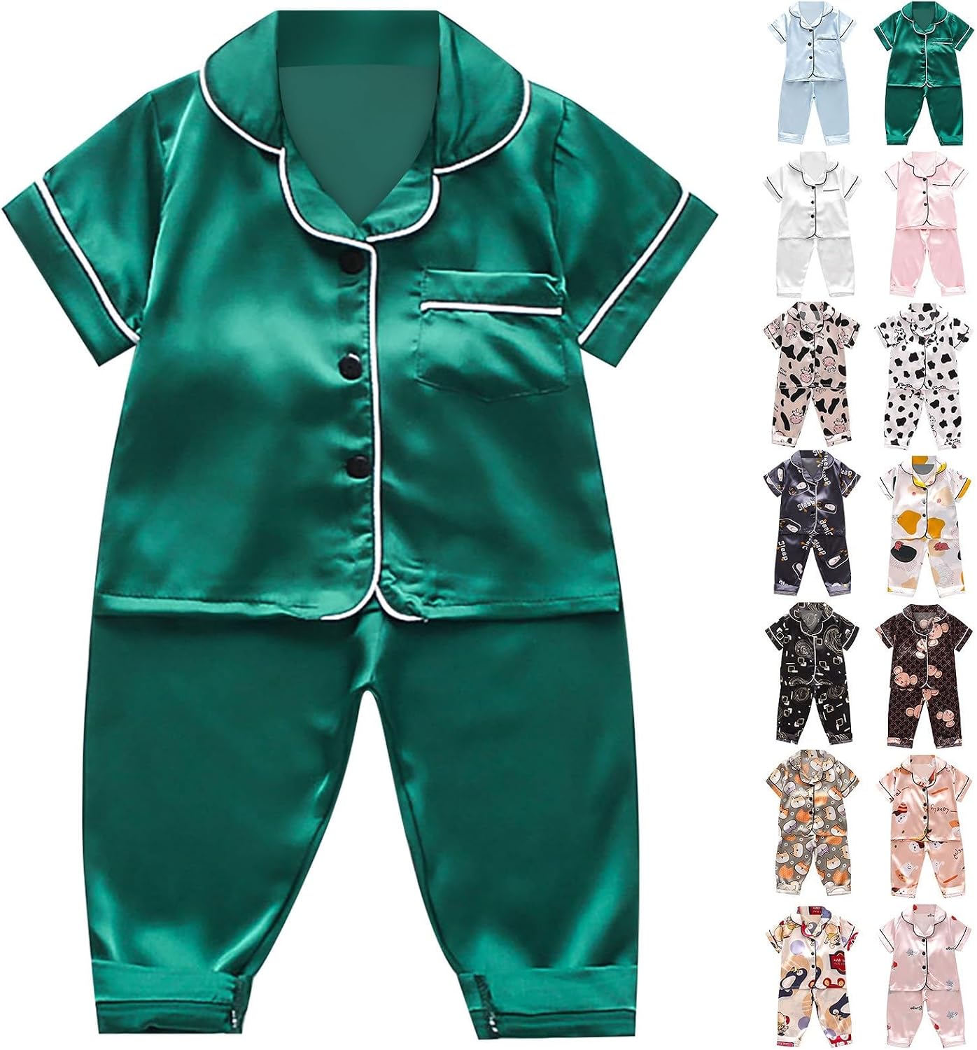 Baby Boys Girls Satin 𝐏a𝐣ama Set 𝐒ilk 𝐏ajamas Short Sleeve Button Down 𝐏𝗝s with Pants 2 Piece Toddler Sl𝐞epwear