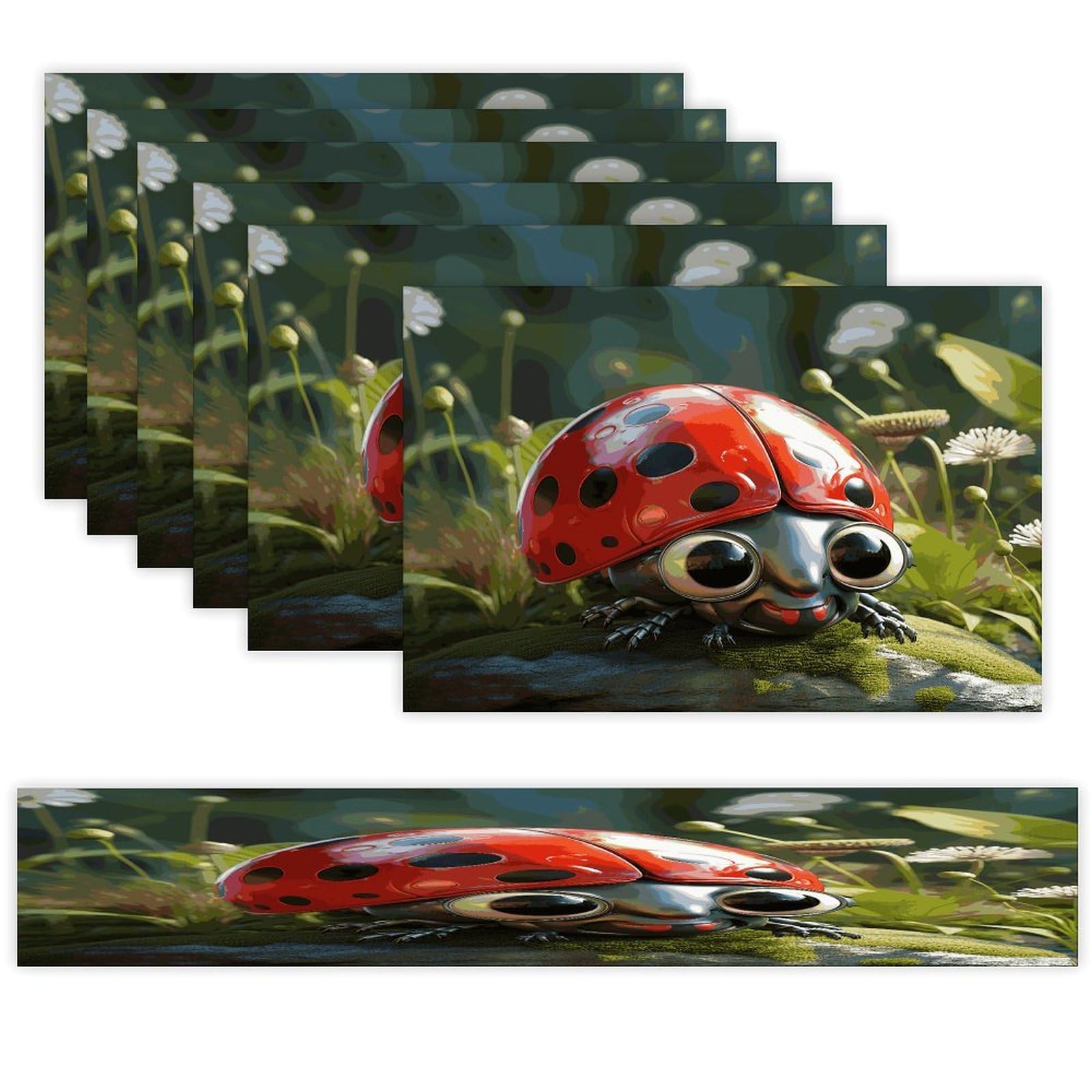 Cartoon Ladybug Table Runner and Placemats Set of 6 for Kitchen Washable Table Mats Heat Resistant Place Mats Non-Slip Place Mat Wipeable Placemat(6 Placemats+1 Table Runner)