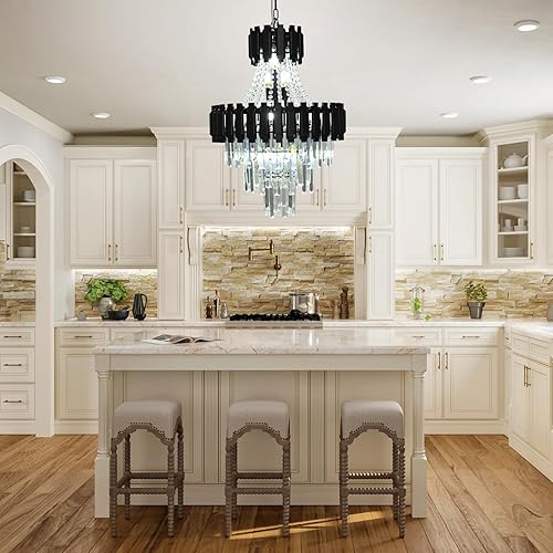 Miniatura 8 de Vimatto Candelabro moderno de cristal negro, estilo imperio, iluminación de 20.5 pulgadas, 11 luces, lámpara de cristal colgante de gota de lluvia