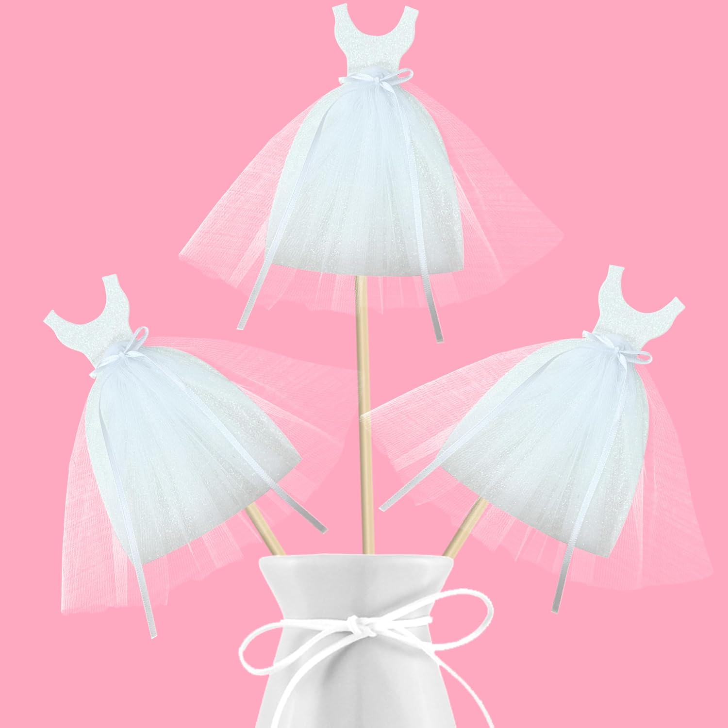 8pcs Glitter Wedding Dress Centerpiece Sticks Bridal Shower Centerpiece Decorations for Table Bride White Tulle Dress Theme Party Table Toppers for Engagement Wedding Party Supplies