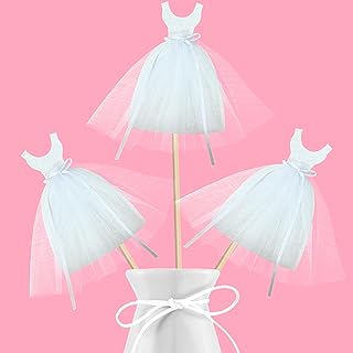 8pcs Glitter Wedding Dress Centerpiece Sticks Bridal Shower Centerpiece Decorations for Table Bride White Tulle Dress Theme Party Table Toppers for Engagement Wedding Party Supplies
