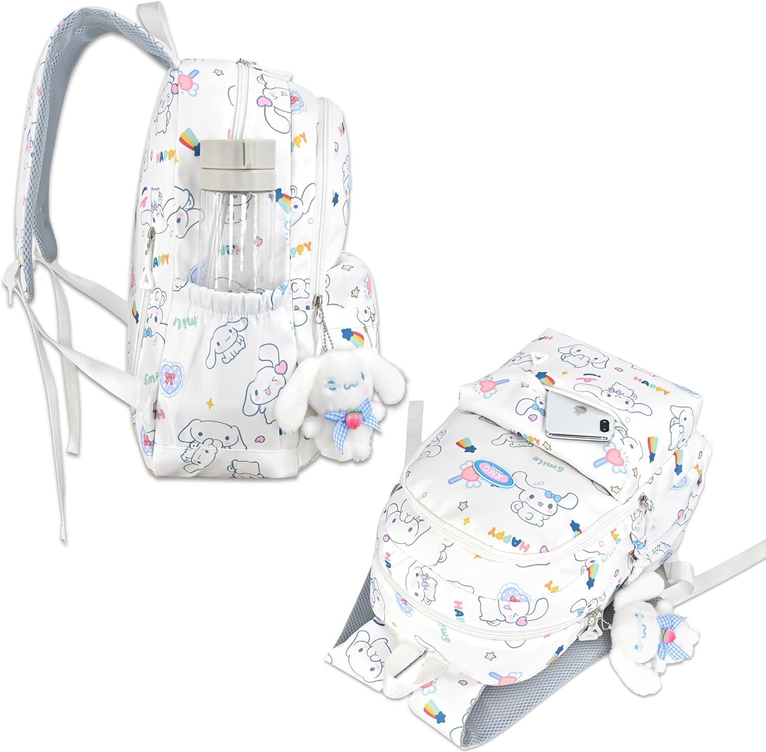 Roffatide Cartoon All Over Print Casual Backpack Laptop Backpack Bike Travel Hiking Rucksack Daypack White (With Cute Pendant)