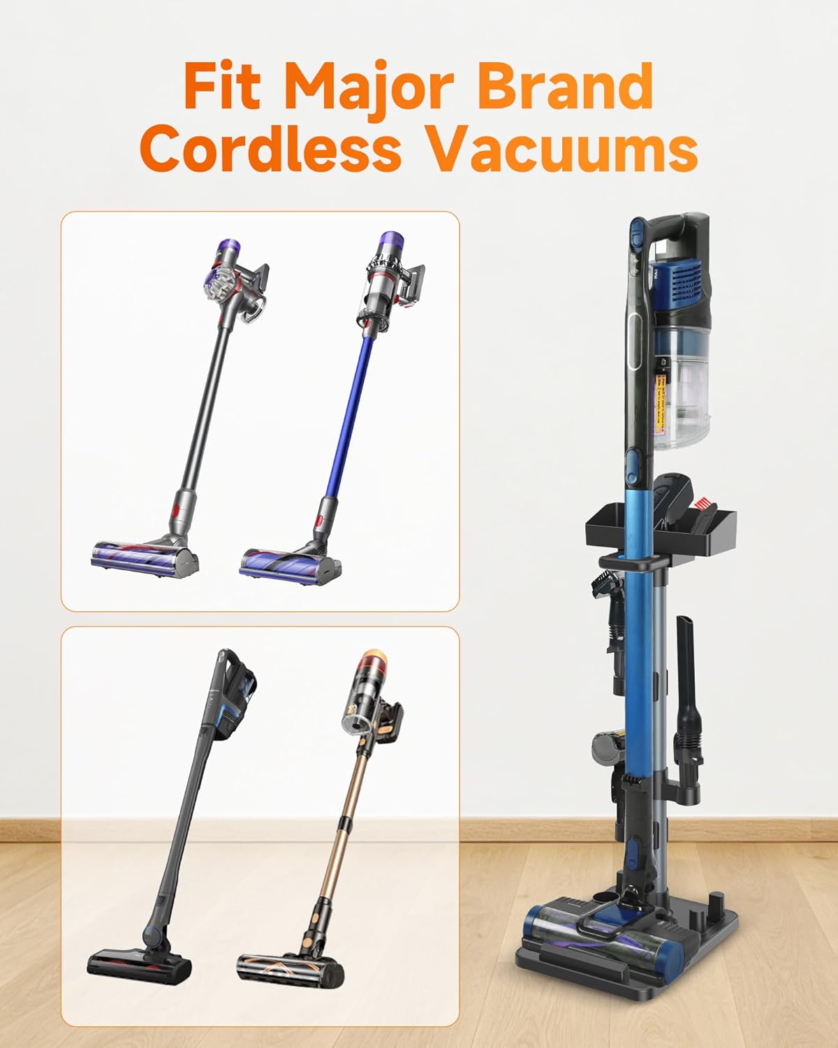 Cordless Vacuum Stand for Stick Vacuum Cleaners, Adjustable Height with 7 Tool Holder and Storage Box, Max 1-4/5 Inch Universal Vac Wand, Black